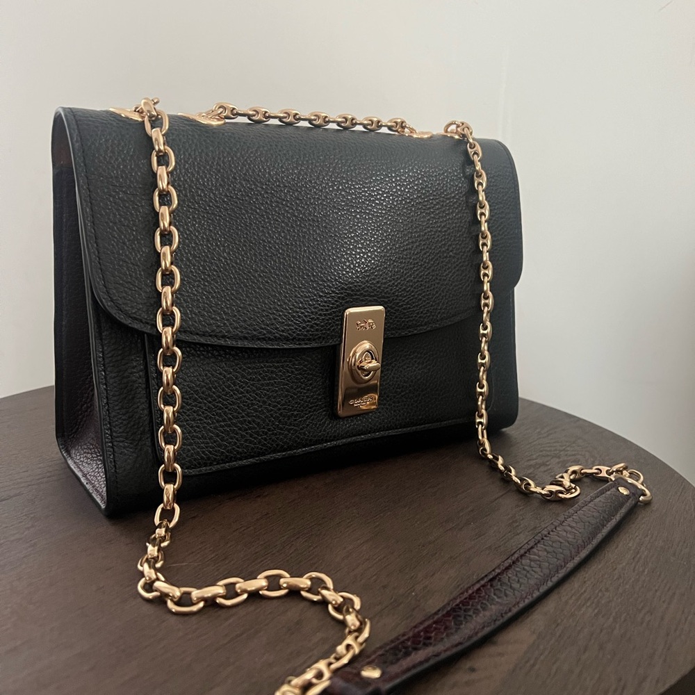 Coach Black Leather Bag with Gold Chain